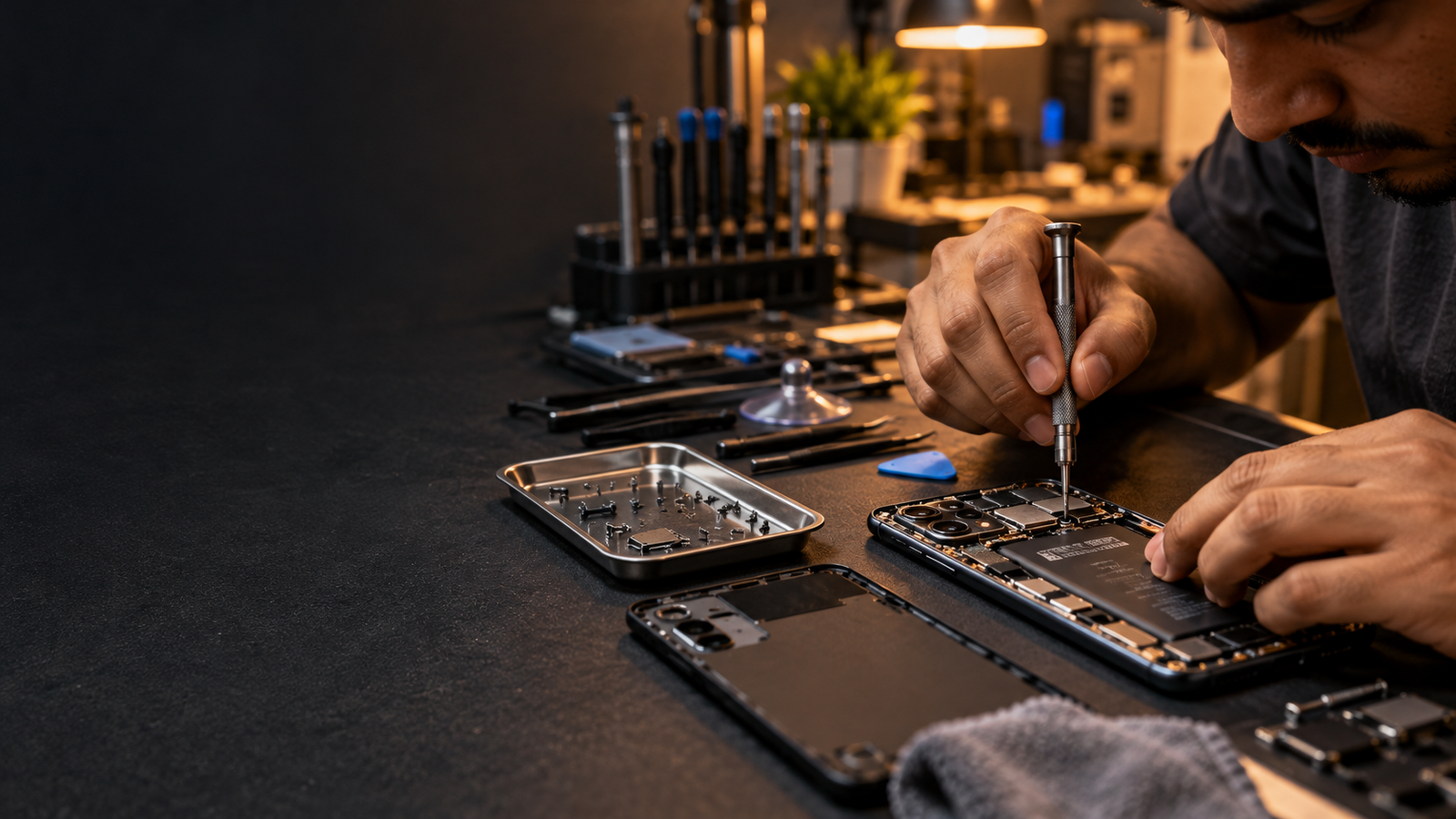 Close-up of careful smartphone repair with precision tools
